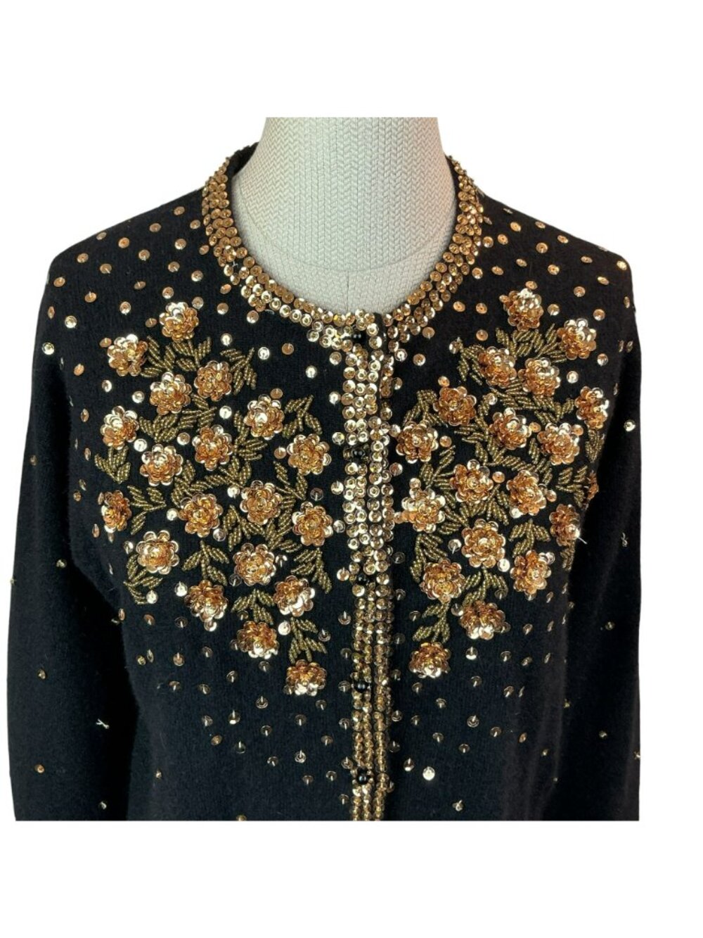 Vintage Black Cardigan Beaded With Gold Floral Embellishments & Sequins 48 - Picture 5 of 10